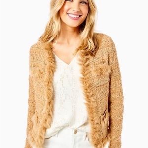 Lilly Pulitzer Tweed Preona Cardigan Sand Metallic Tan Brown Faux Fur. Size M.
